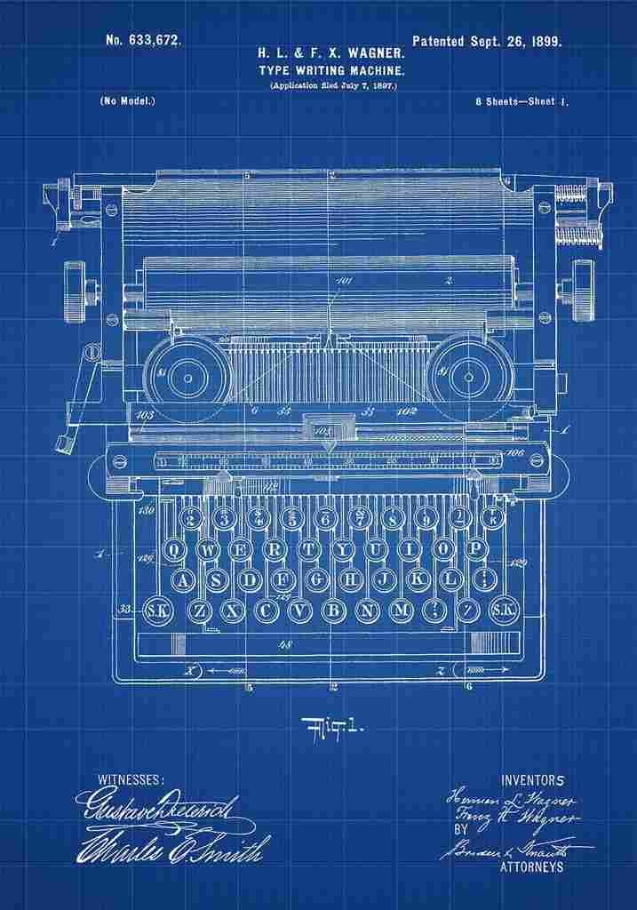 Patent Blueprint TypeWritingMachine blue A4 Photo Print
