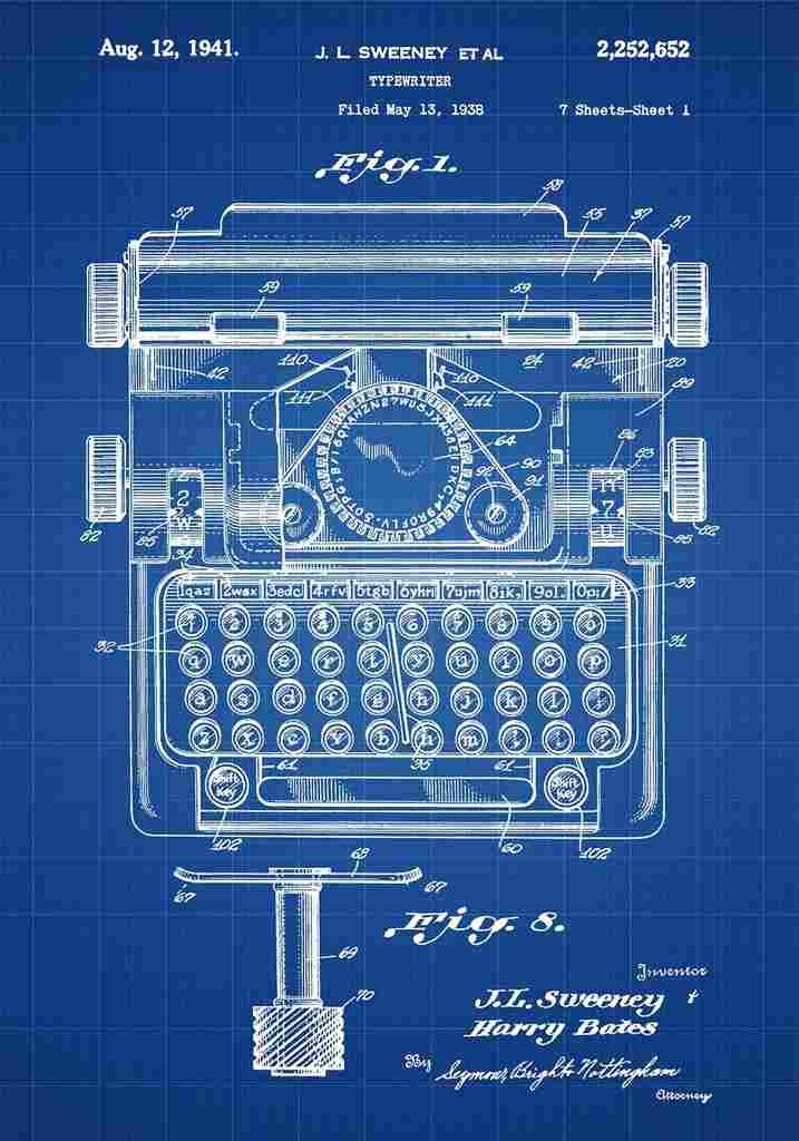 Patent Blueprint Typewriter blue A4 Photo Print