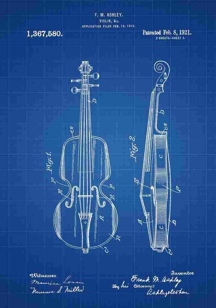 Patent Blueprint Violin blue A4 Photo Print