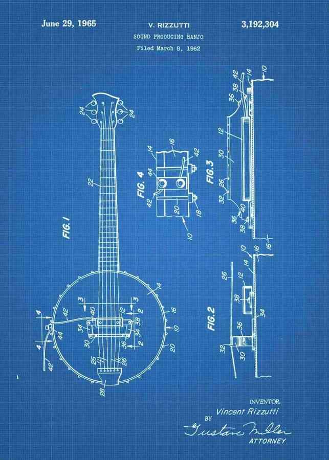 Patent Blueprint banjo 3 A4 Photo Print