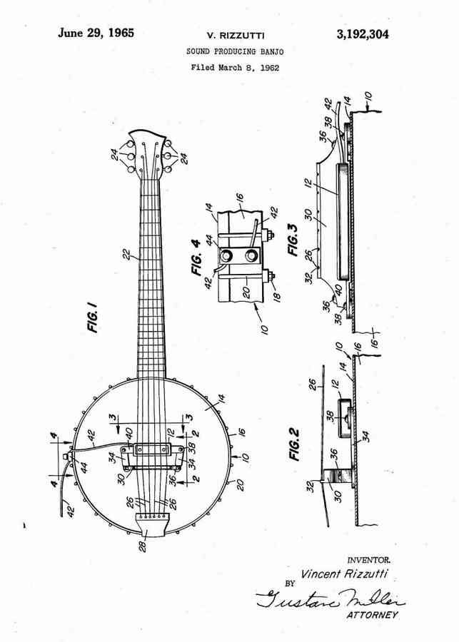 Patent Blueprint banjo 4 A4 Photo Print