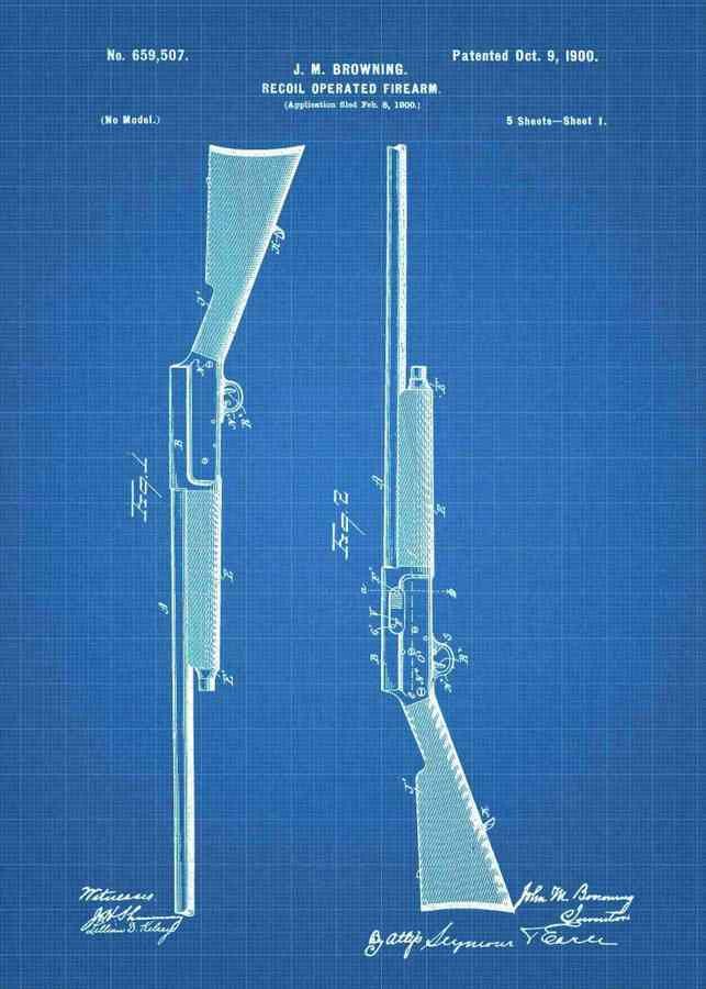 Patent Blueprint browning semi auto shotgun 3 A4 Photo Print