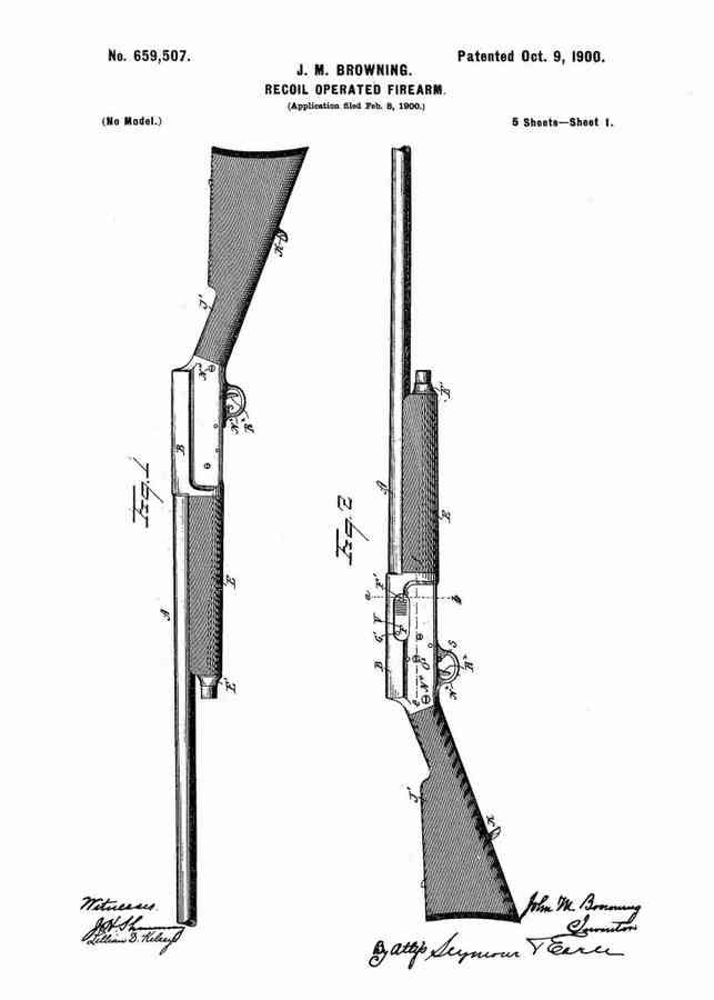 Patent Blueprint browning semi auto shotgun 4 A4 Photo Print