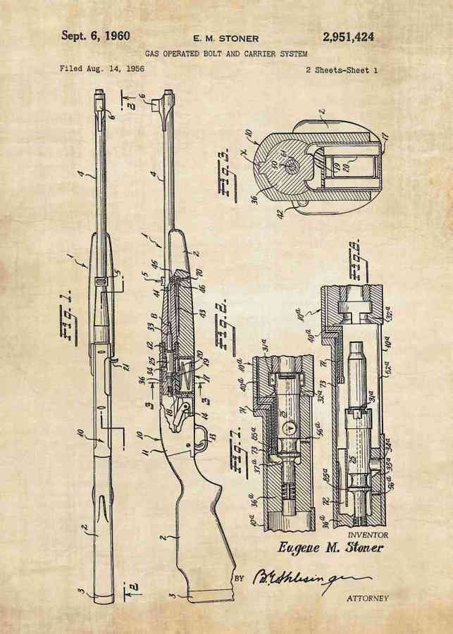 Patent Blueprint eugene stoner gas operated bolt carrier system A4 Photo Print