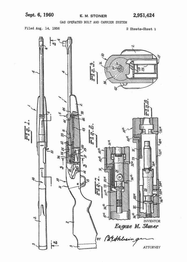 Patent Blueprint eugene stoner gas operated bolt carrier system 4 A4 Photo Print