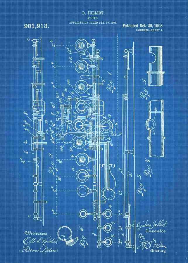 Patent Blueprint flute 3 A4 Photo Print