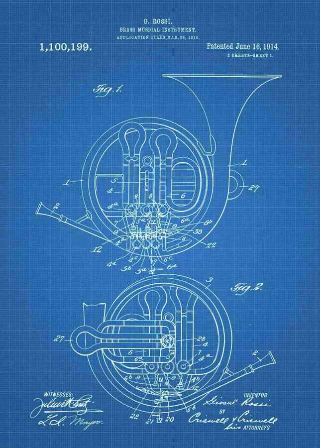 Patent Blueprint french horn 3 A4 Photo Print