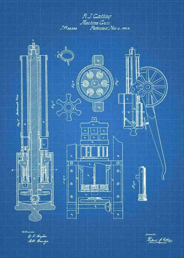 Patent Blueprint gatling machine gun 3 A4 Photo Print