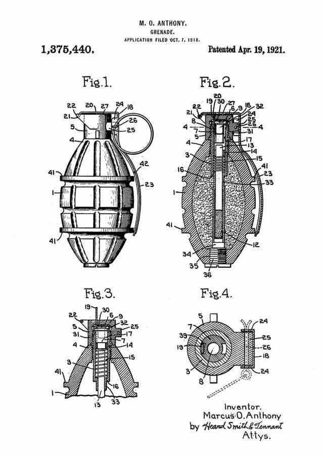Patent Blueprint grenade 4 A4 Photo Print