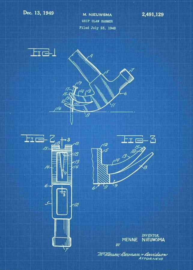 Patent Blueprint hammer 3 A4 Photo Print