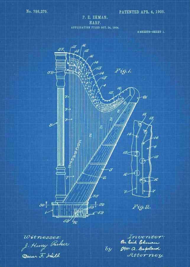 Patent Blueprint harp 3 A4 Photo Print