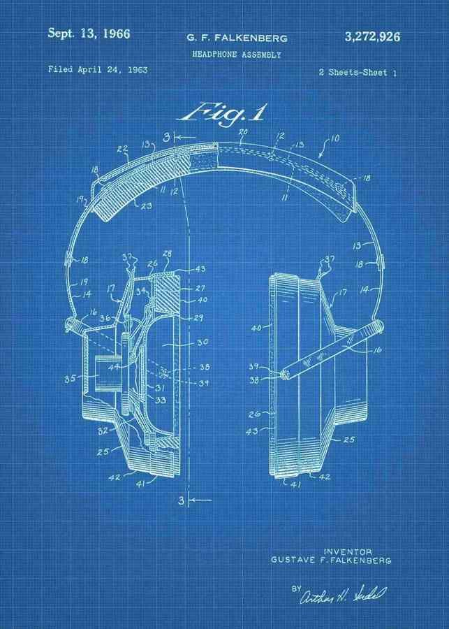 Patent Blueprint headphones 3 A4 Photo Print