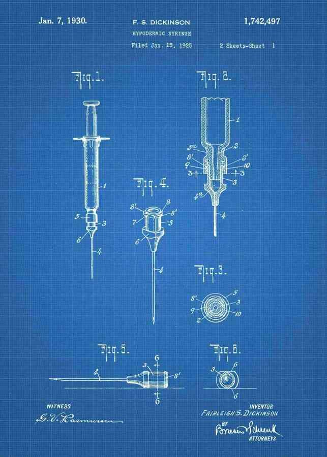 Patent Blueprint hypodermic syringe 3 A4 Photo Print