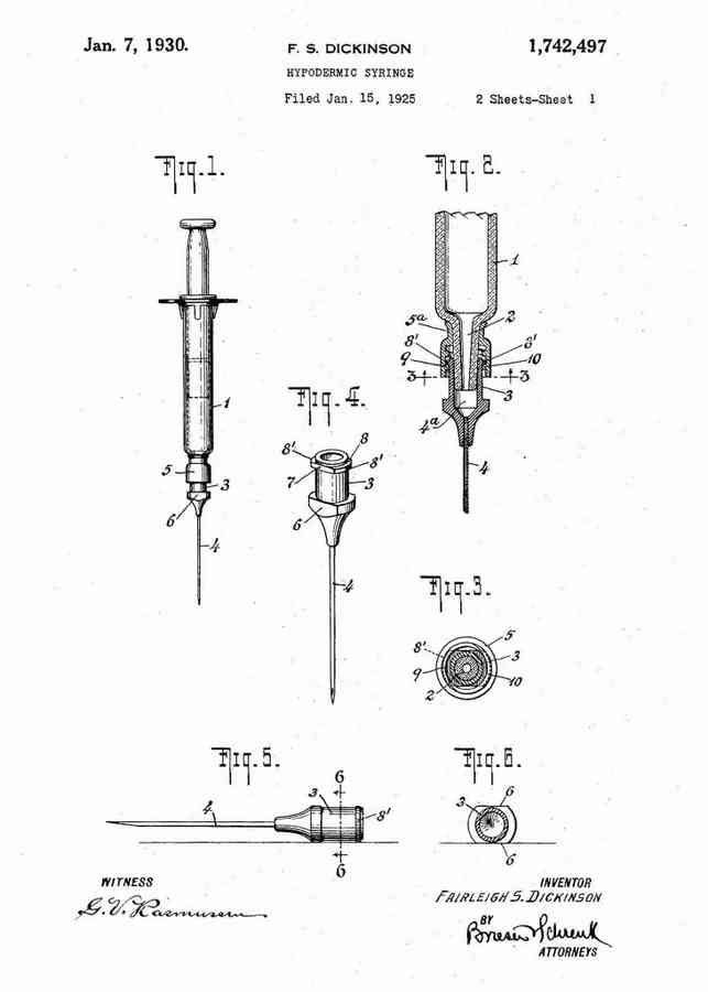 Patent Blueprint hypodermic syringe 4 A4 Photo Print
