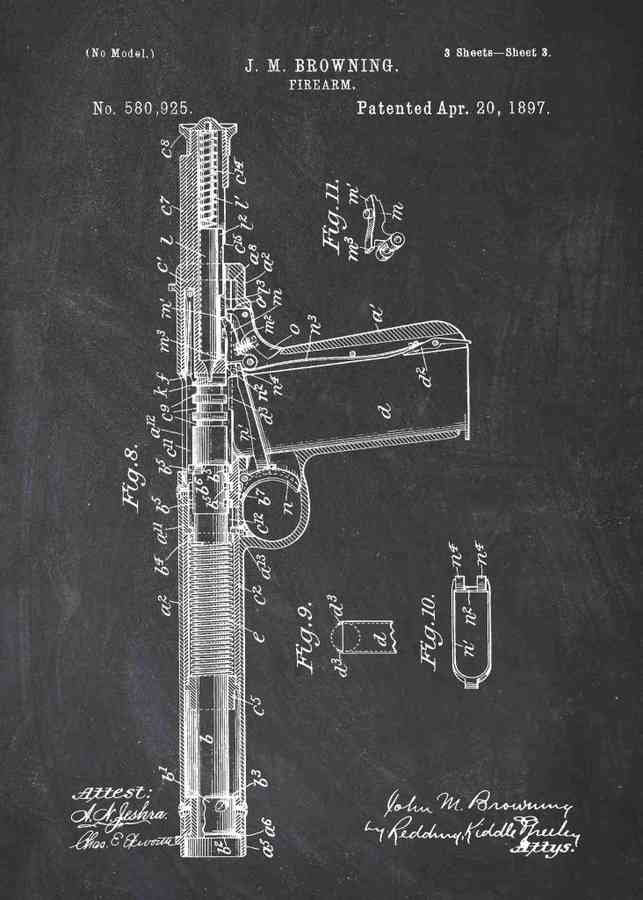 Patent Blueprint john browning retro pistol concept A4 Photo Print