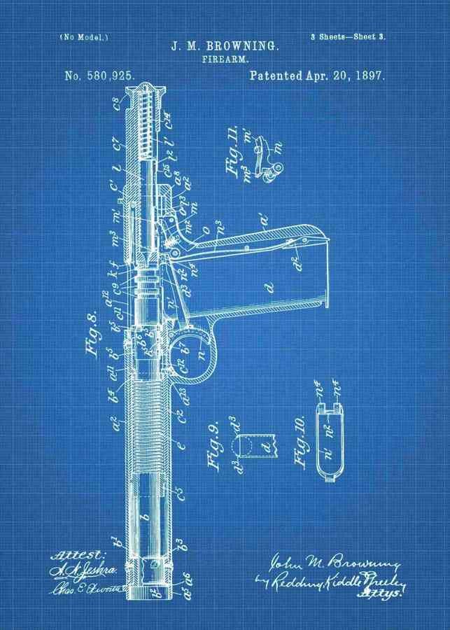 Patent Blueprint john browning retro pistol concept 4 A4 Photo Print