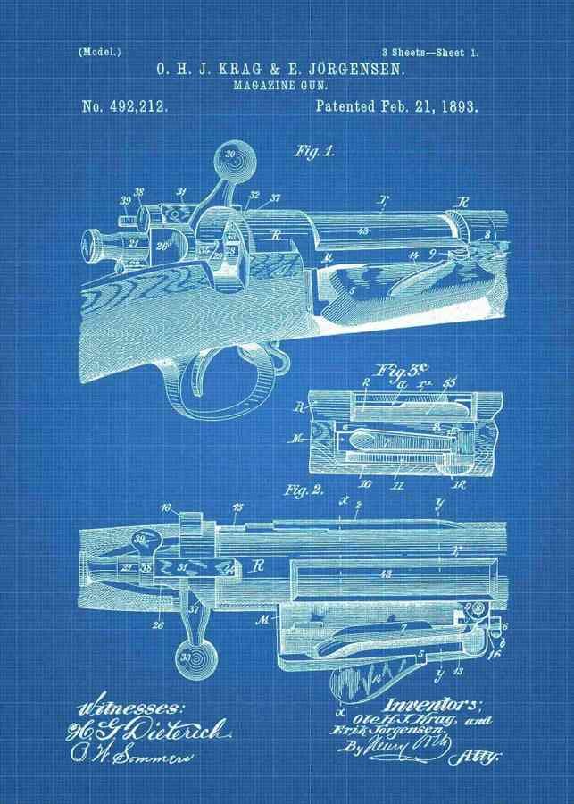 Patent Blueprint krag jorgensen bolt action rifle A4 Photo Print