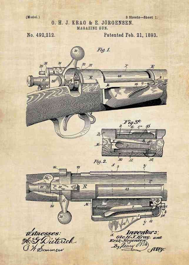 Patent Blueprint krag jorgensen bolt action rifle 3 A4 Photo Print
