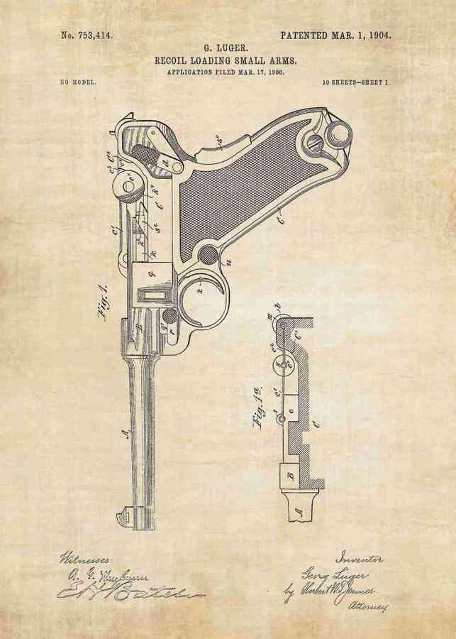 Patent Blueprint luger pistol A4 Photo Print