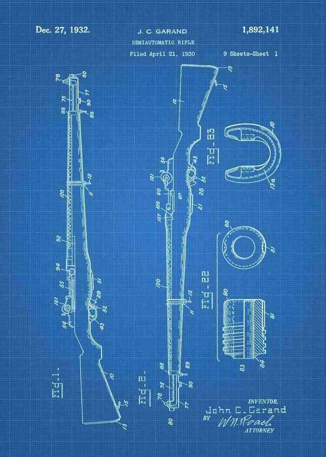 Patent Blueprint m1 garand 3 A4 Photo Print