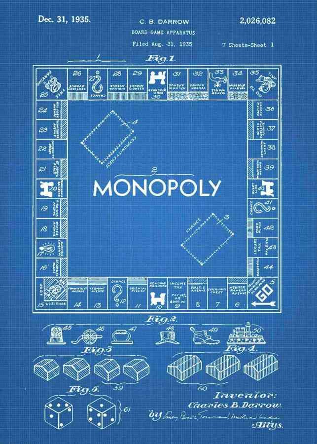 Patent Blueprint monopoly board game 3 A4 Photo Print