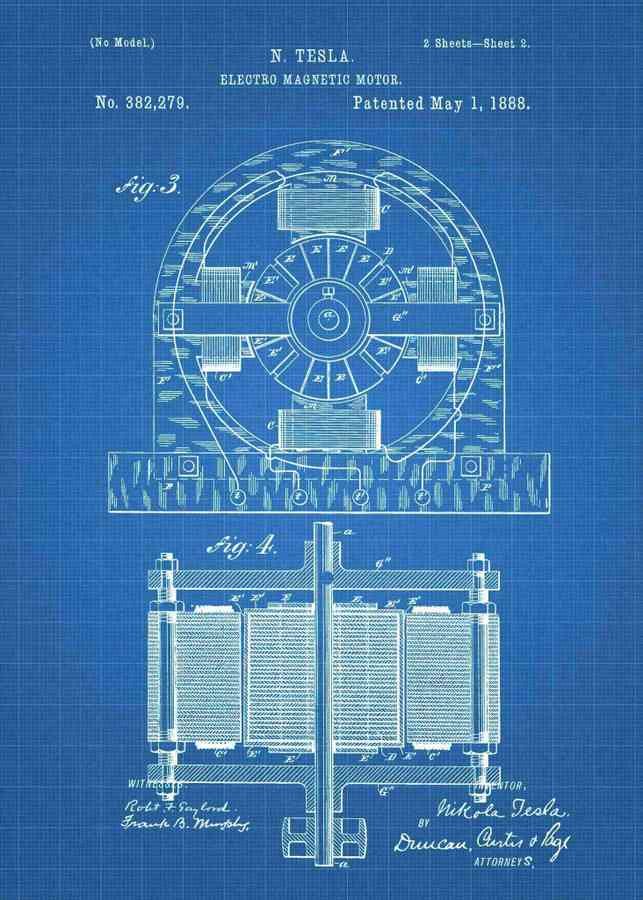 Patent Blueprint nikola tesla invention motor 3 A4 Photo Print