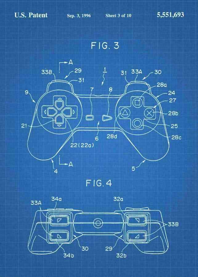 Patent Blueprint playstation 1 controller 3 A4 Photo Print