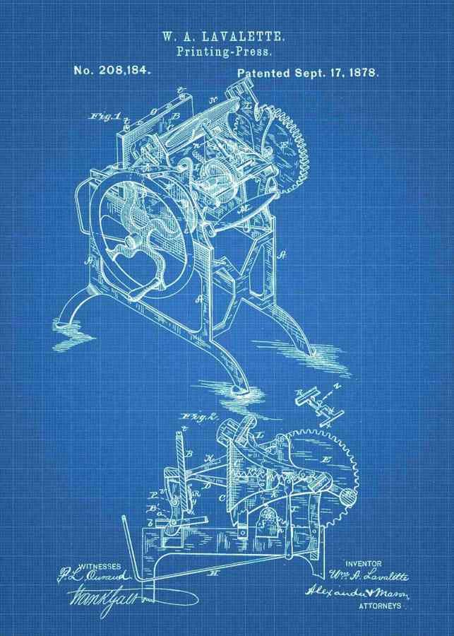 Patent Blueprint printing press 3 A4 Photo Print