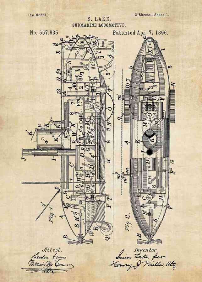 Patent Blueprint submarine 3 A4 Photo Print