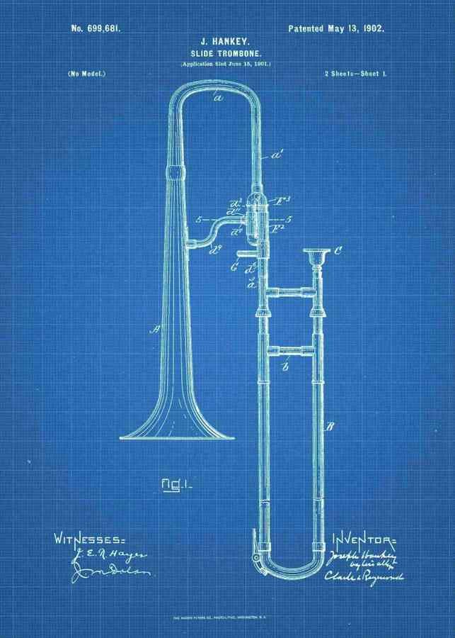 Patent Blueprint trombone 3 A4 Photo Print