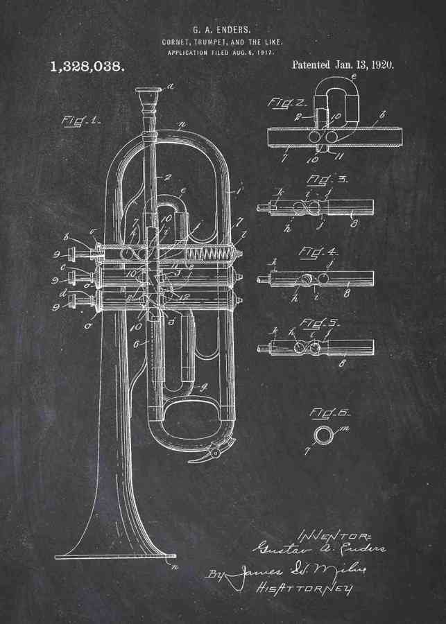 Patent Blueprint trumpet A4 Photo Print