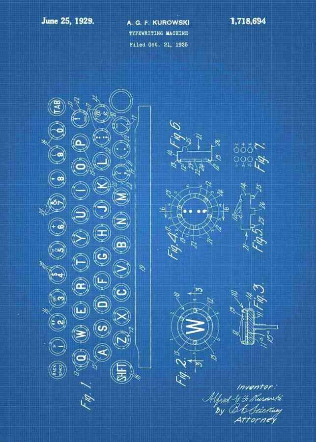 Patent Blueprint typewriter 3 A4 Photo Print