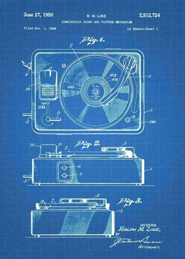 Patent Blueprint vinyl record player 3 A4 Photo Print