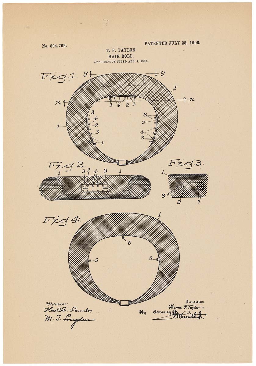 Patent for a Hair Roll A4 Photo Print