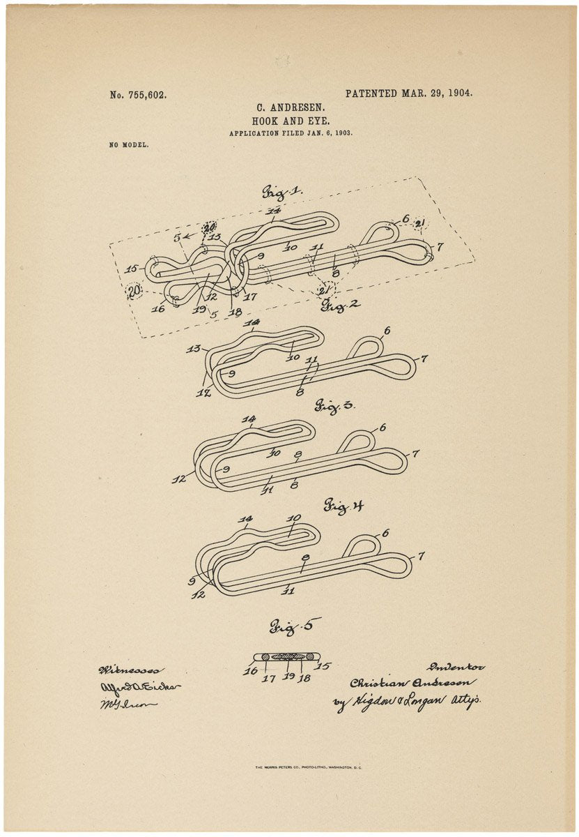 Patent for a Hook and Eye Fastener A4 Photo Print