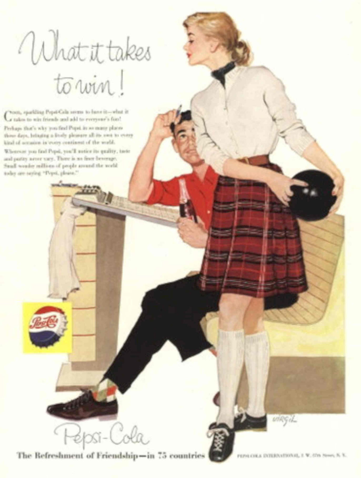 Pepsi Bowling Couple 1950s Vintage Retro Advert Poster