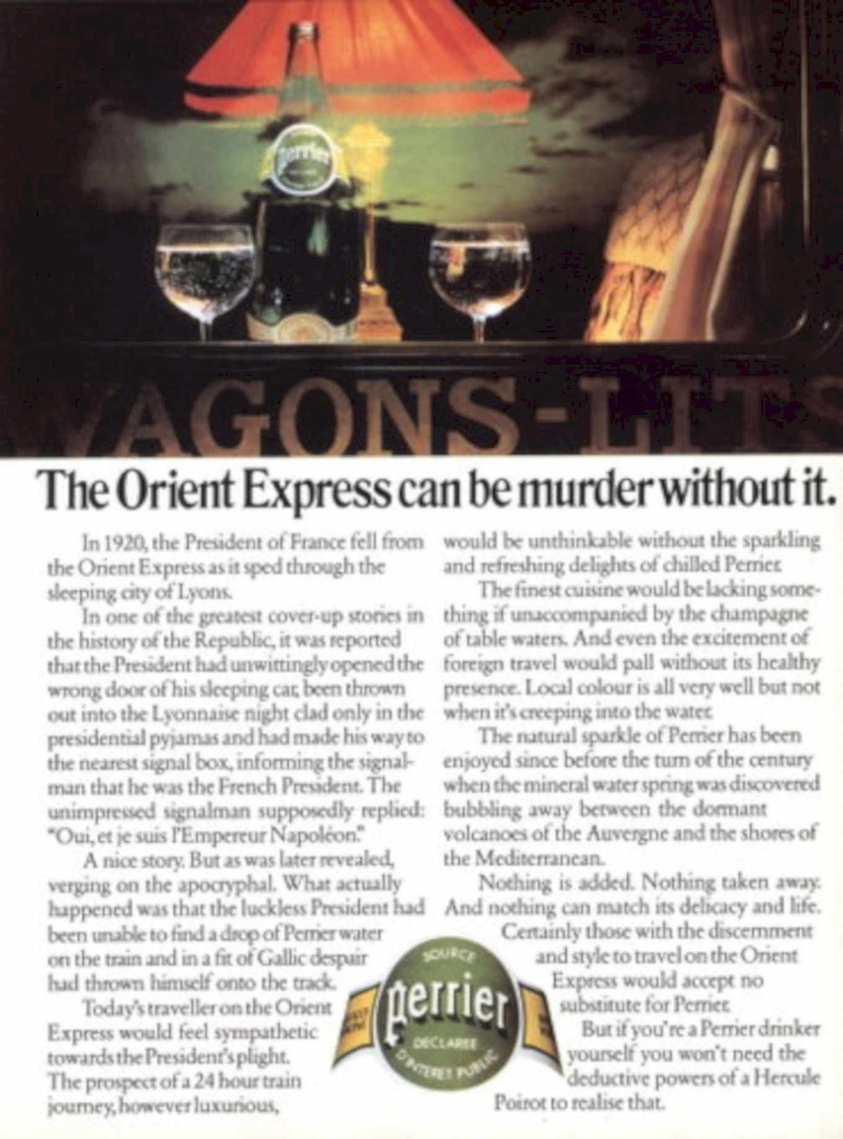 Perrier Vagons Lits 1980s Vintage Retro Advert