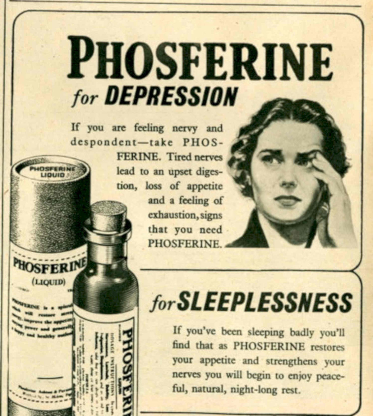 Phosferine Bottle Woman 1950s Vintage Retro Advert Poster