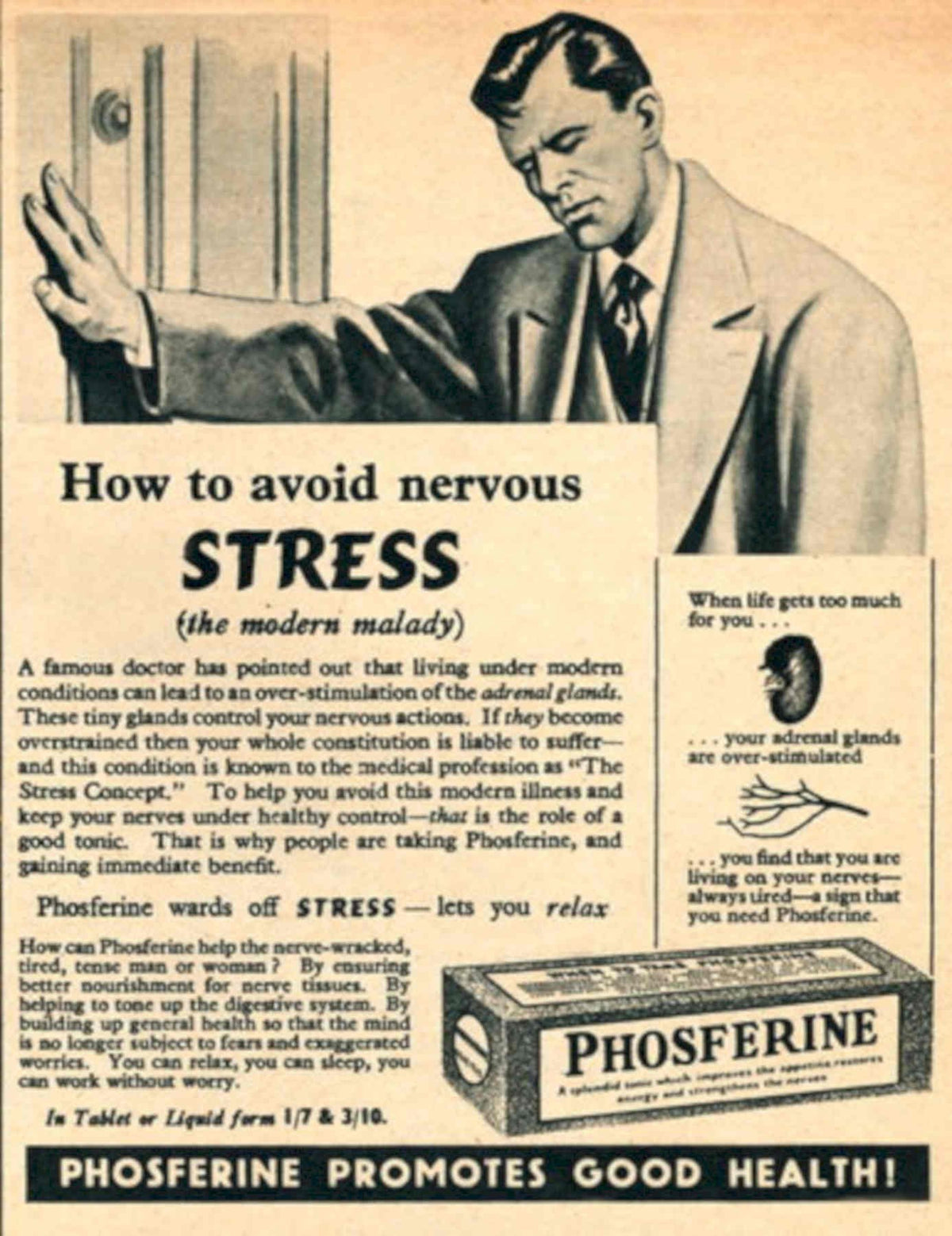Phosferine Stress Tablet 1950s Vintage Retro Advert Poster