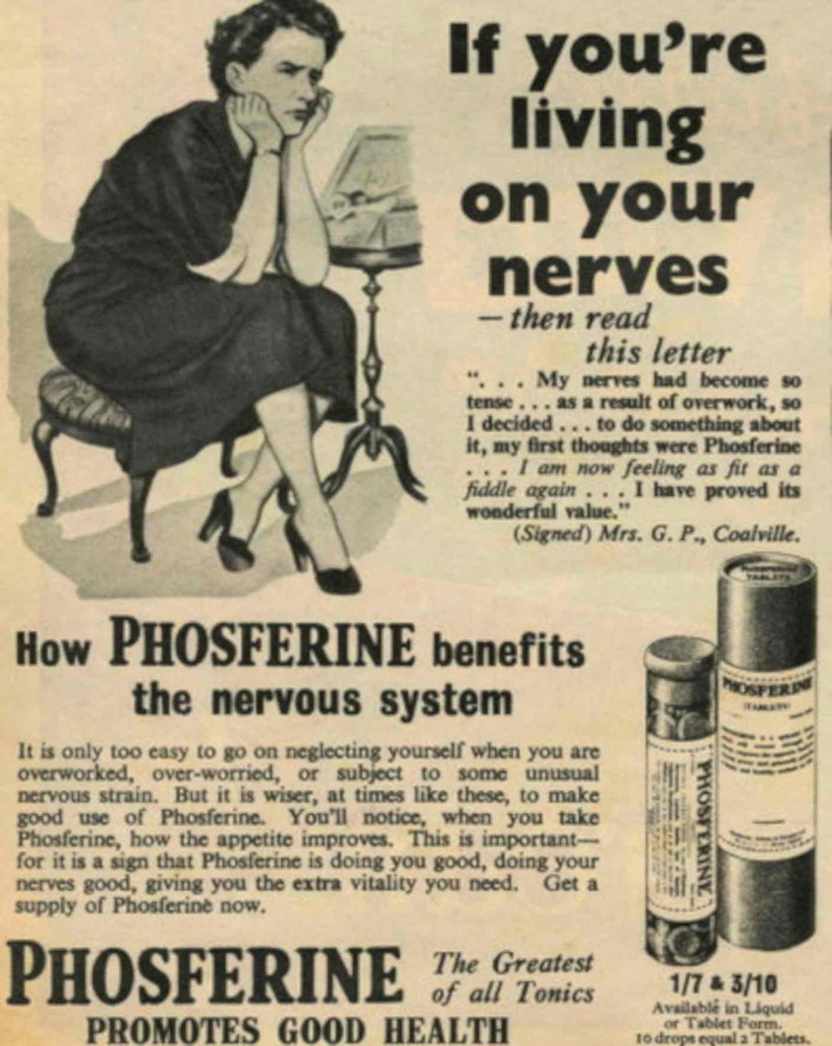 Phosferine Tonic Woman 1950s Vintage Retro Advert Poster