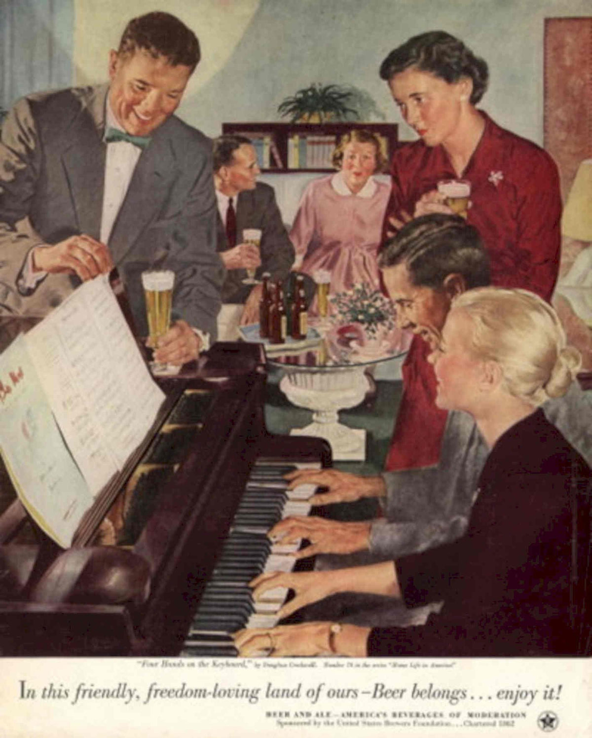Piano Beer Family 1950s Vintage Retro Advert Poster