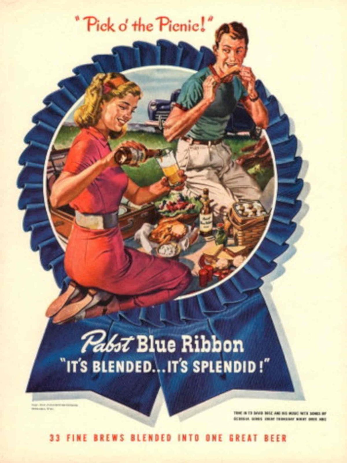 Picnic Blue Ribbon 1940s Vintage Retro Advert Poster