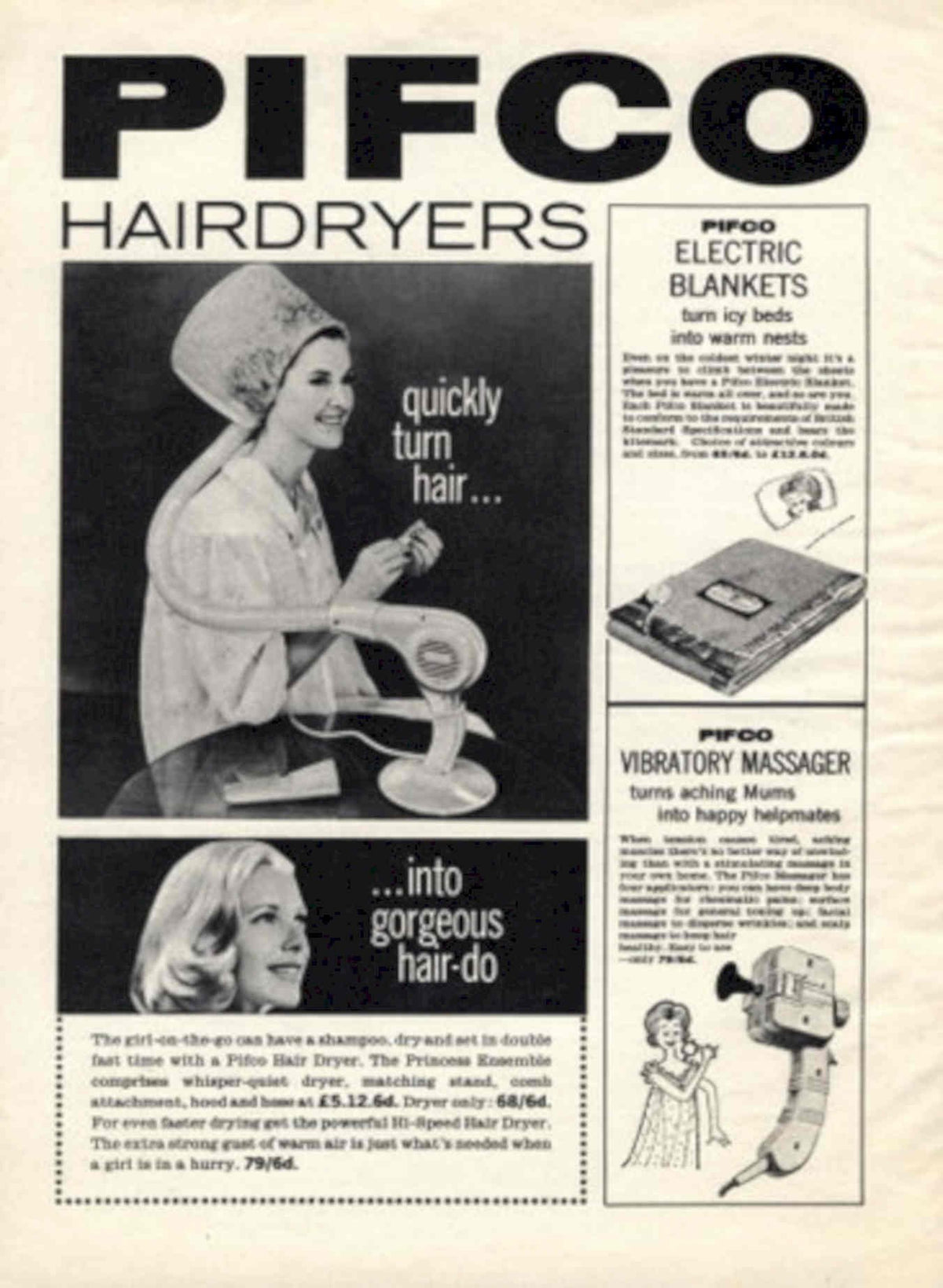 Pifco Hairdryers Blankets 1950s Vintage Retro Advert Poster