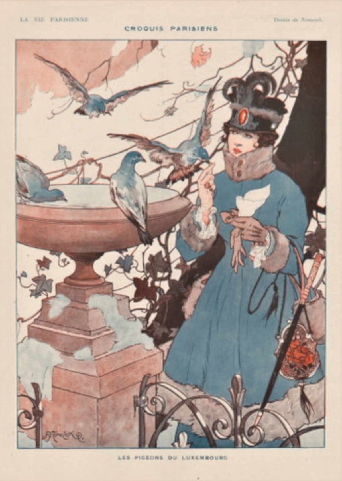 Pigeons Fountain Paris La Vie Parisienne Vintage Retro Advert