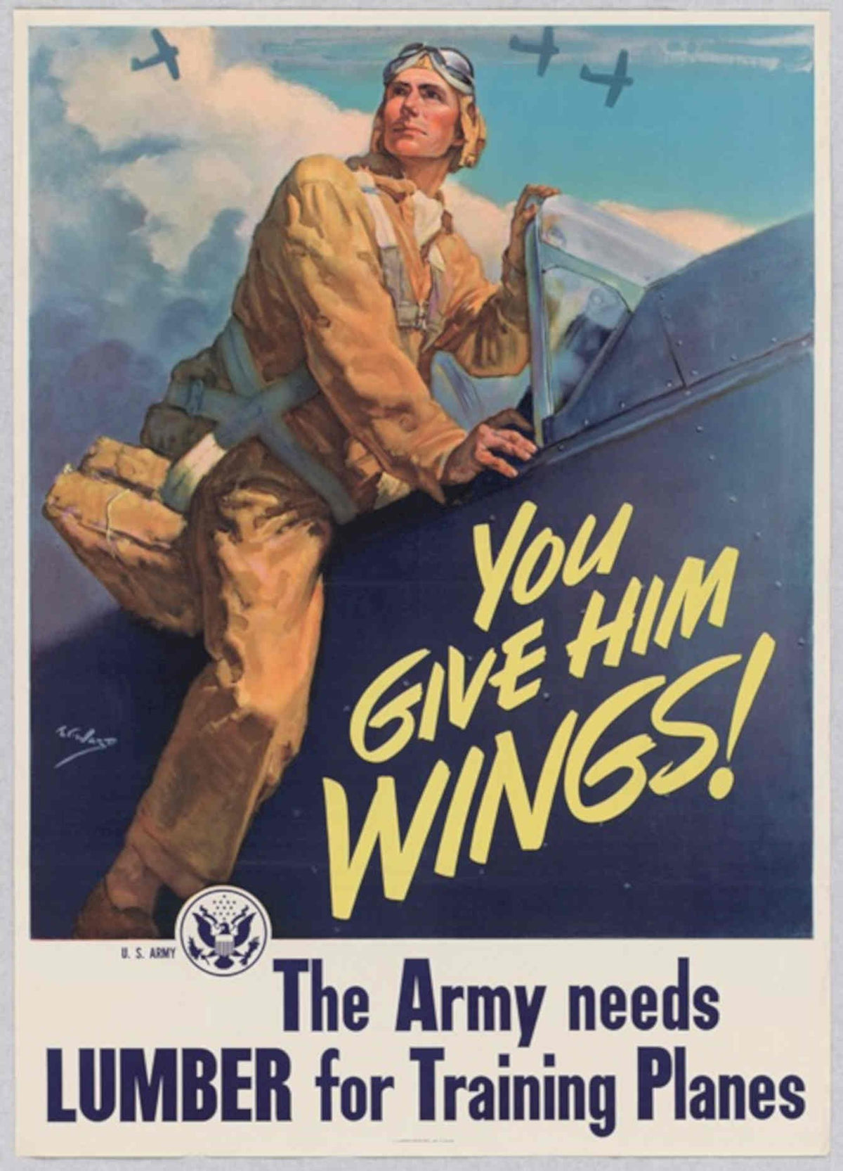 Pilot Biplane Army American World War II Advert Poster