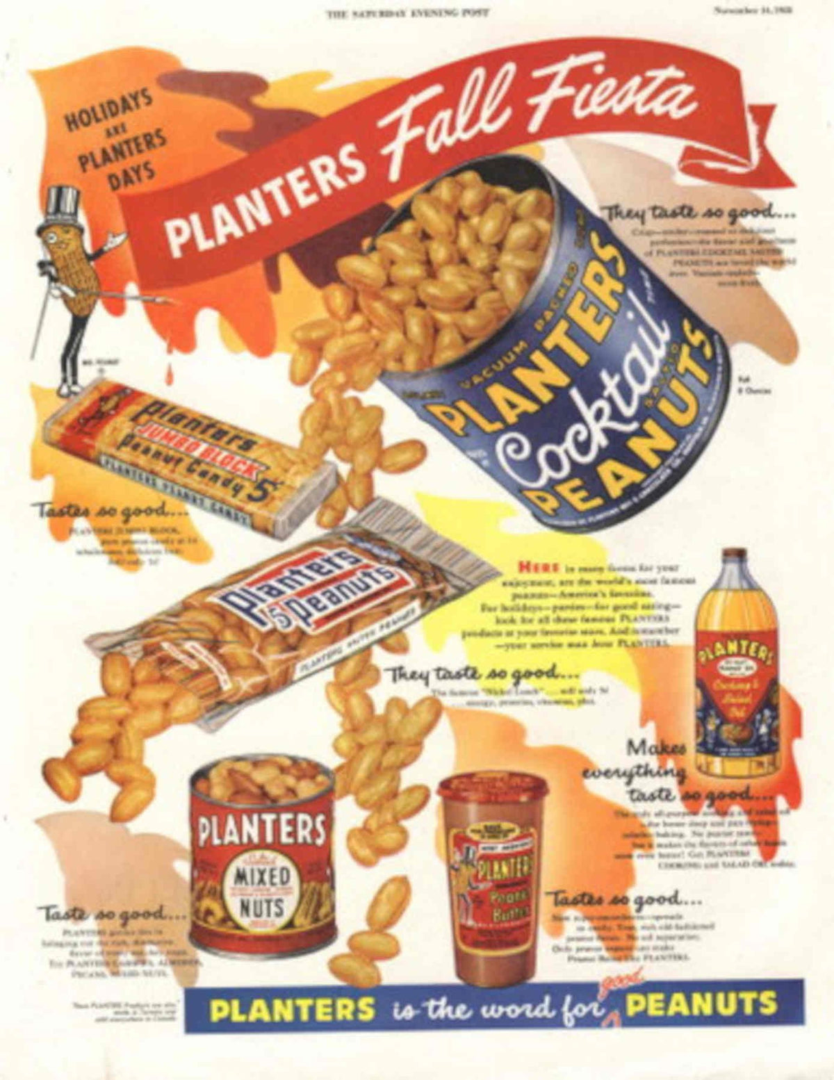 Planters Peanuts Fall 1950s Vintage Retro Advert Poster