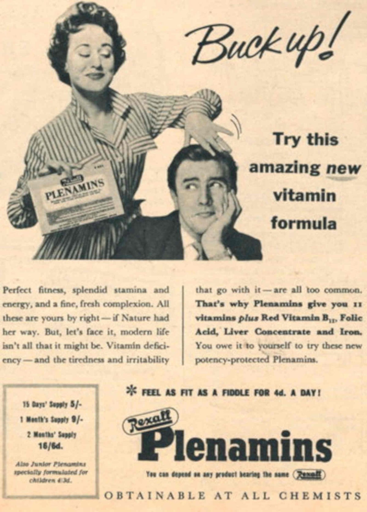 Plenamins Couple Buck 1950s Vintage Retro Advert Poster