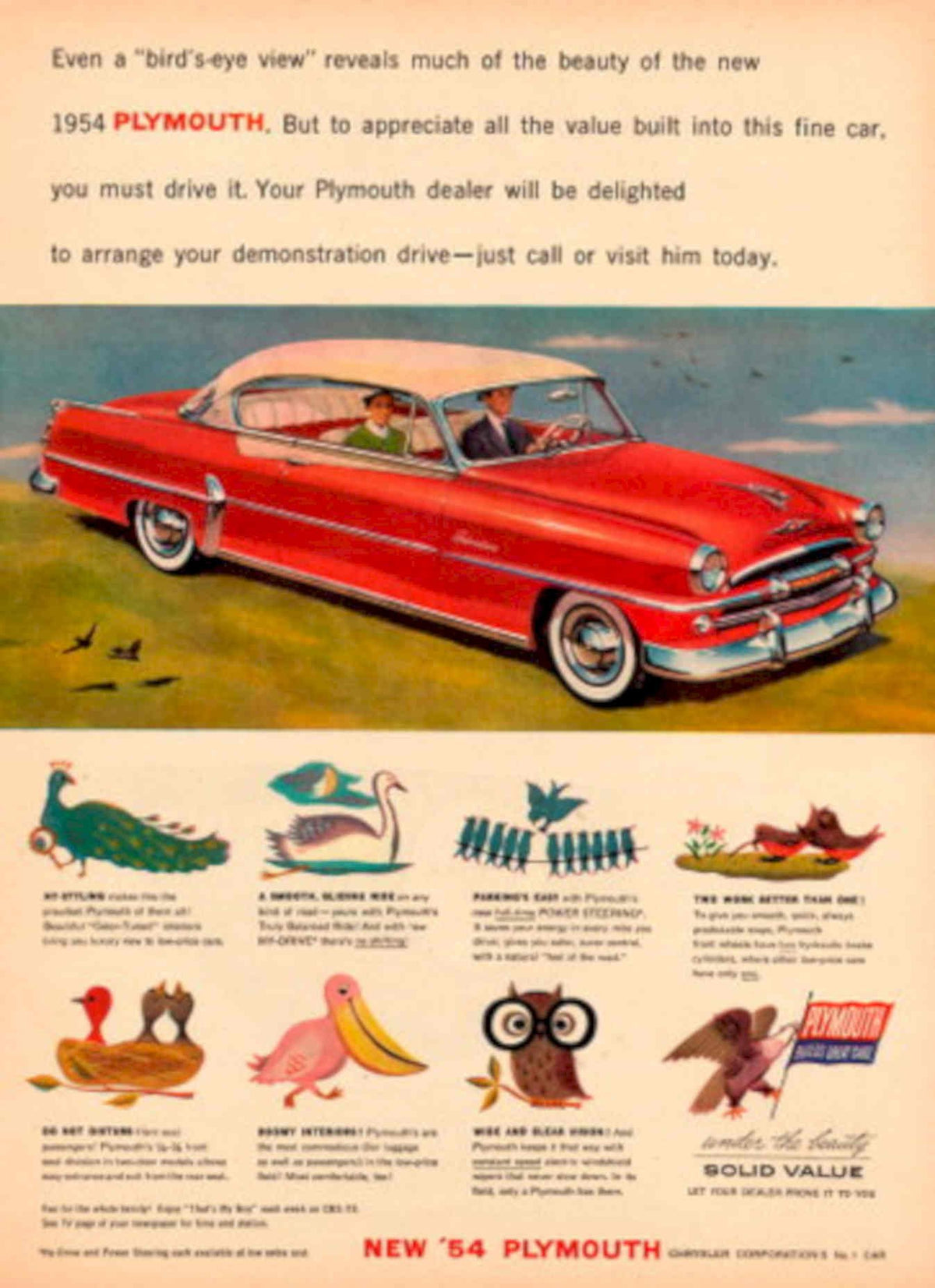 Plymouth Convertible Birds 1950s Vintage Retro Advert Poster
