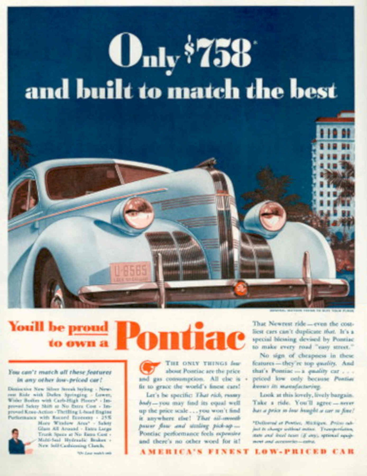 Pontiac 1938 Sedan 1930s Vintage Retro Advert Poster