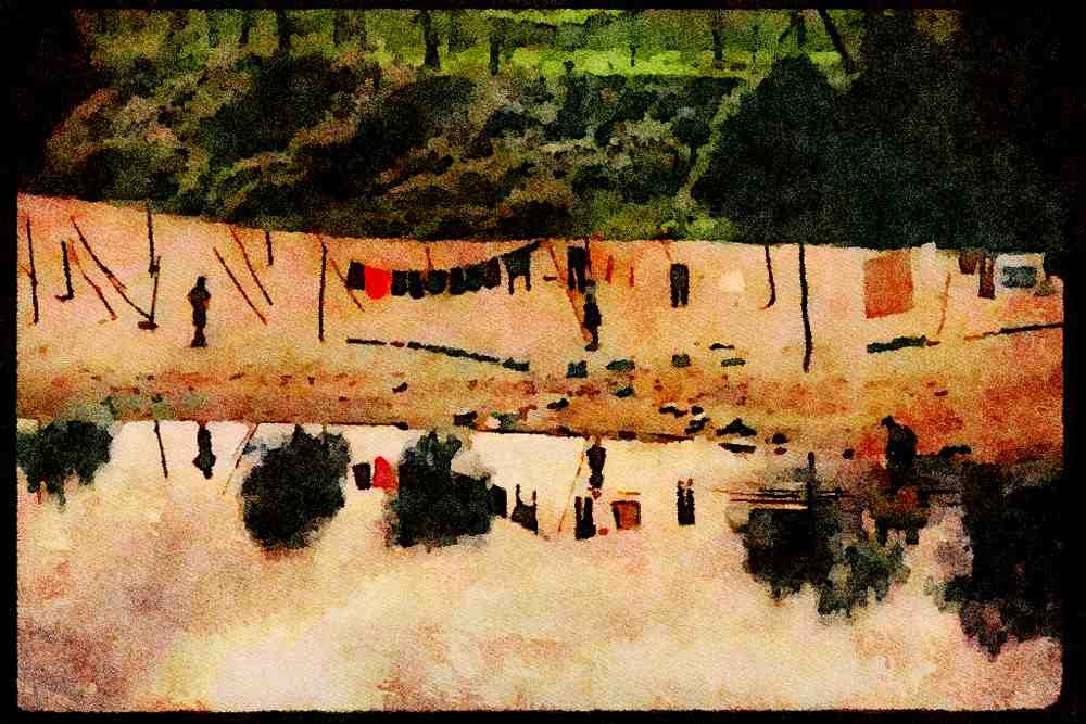 Portugal Rural 256012 Laundry Site On Sandy Riverbank, Barcelos A4 Limited Edition Watercolour Print